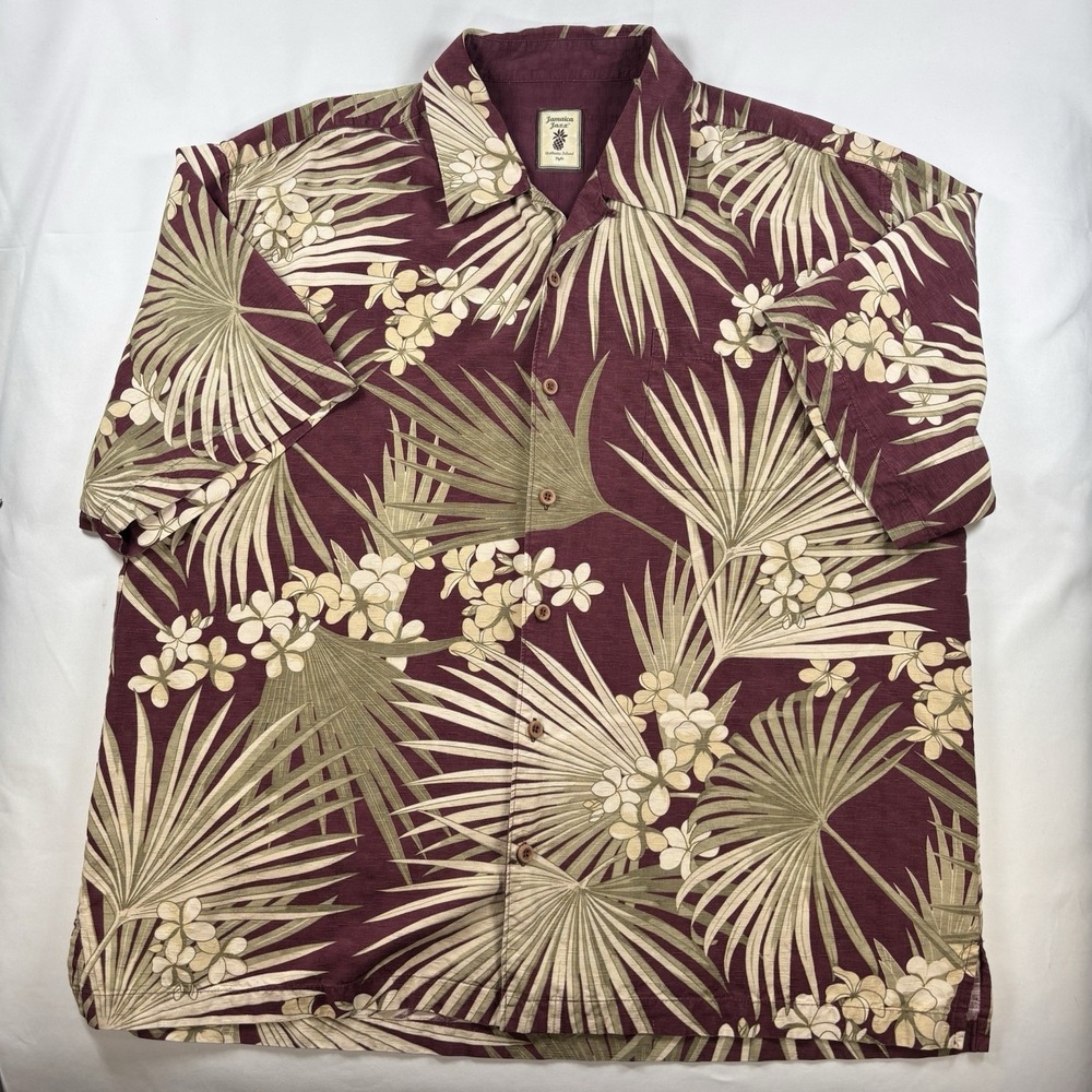 Jamaica Jaxx Shirt Men 2XL XXL Red Beige Floral Leaf Hawaiian 100% Silk Button